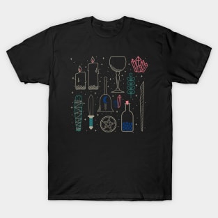 Witchcraft and magic ritual tools on black T-Shirt